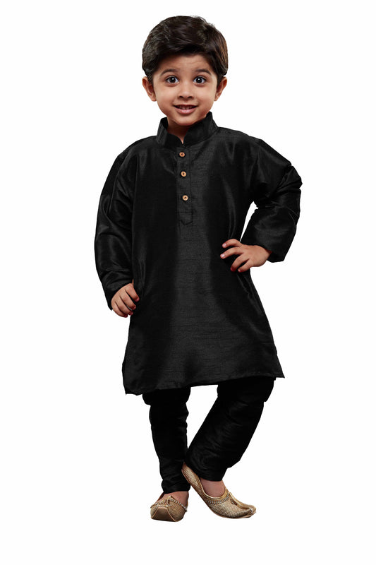 Boy - Black Nehru Collar Raw Silk Kurta and Pyjama Set