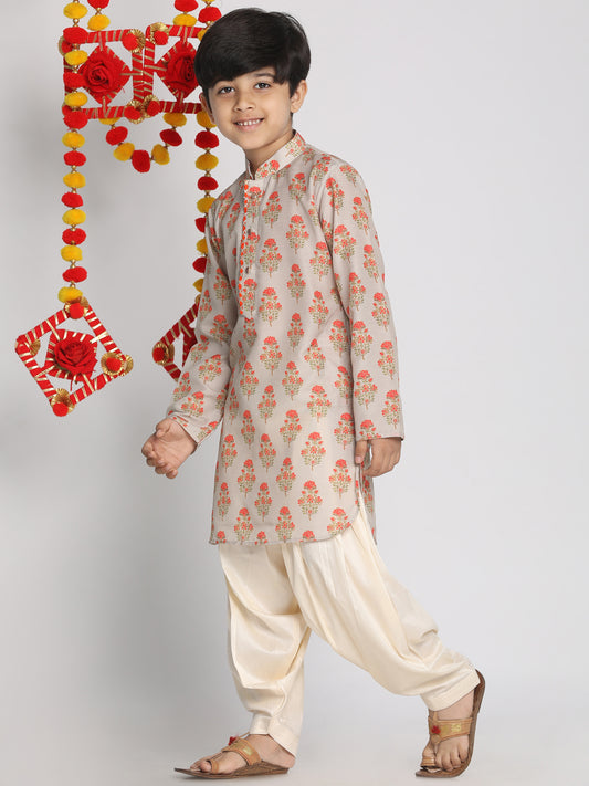 Boy - Beige Floral Print Kurta with Patiala Salwar