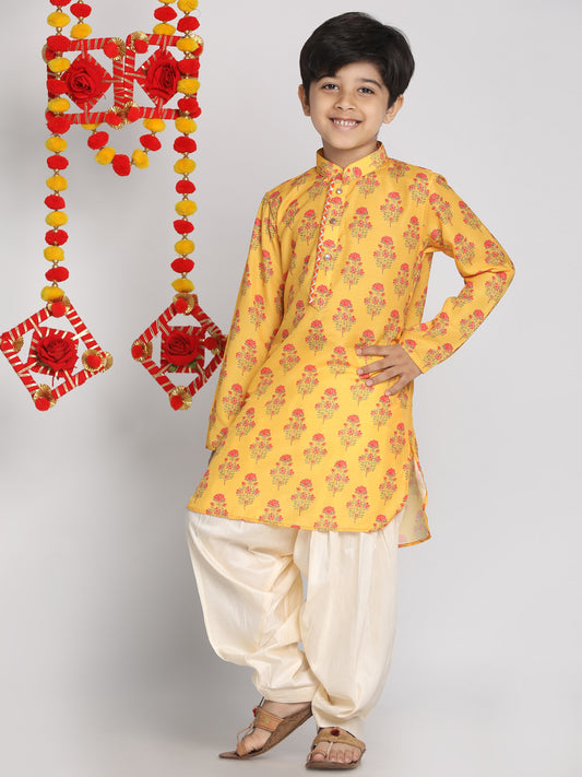 Boy - Yellow Floral Print Kurta with Patiala Salwar