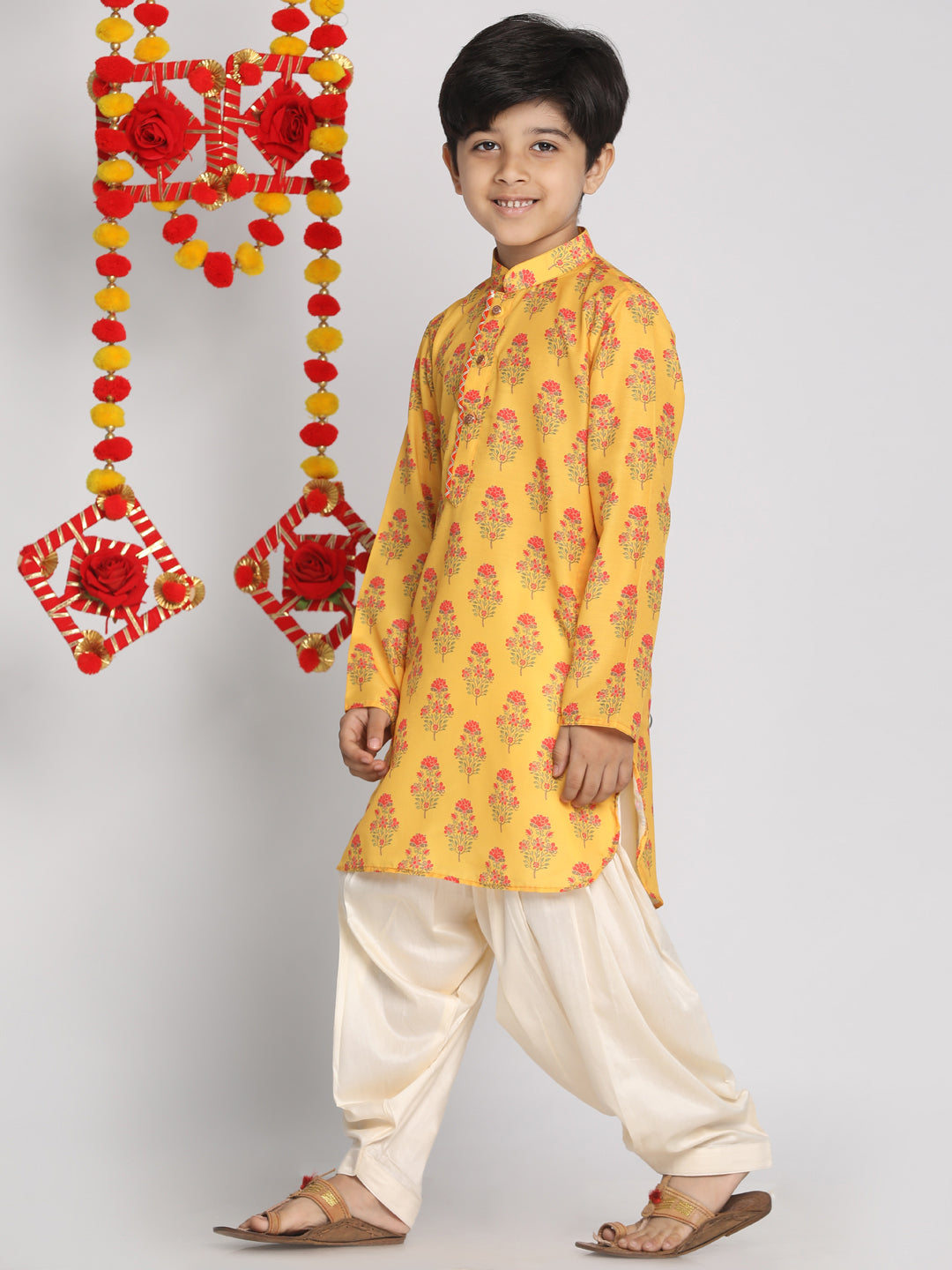 Boy - Yellow Floral Print Kurta with Patiala Salwar