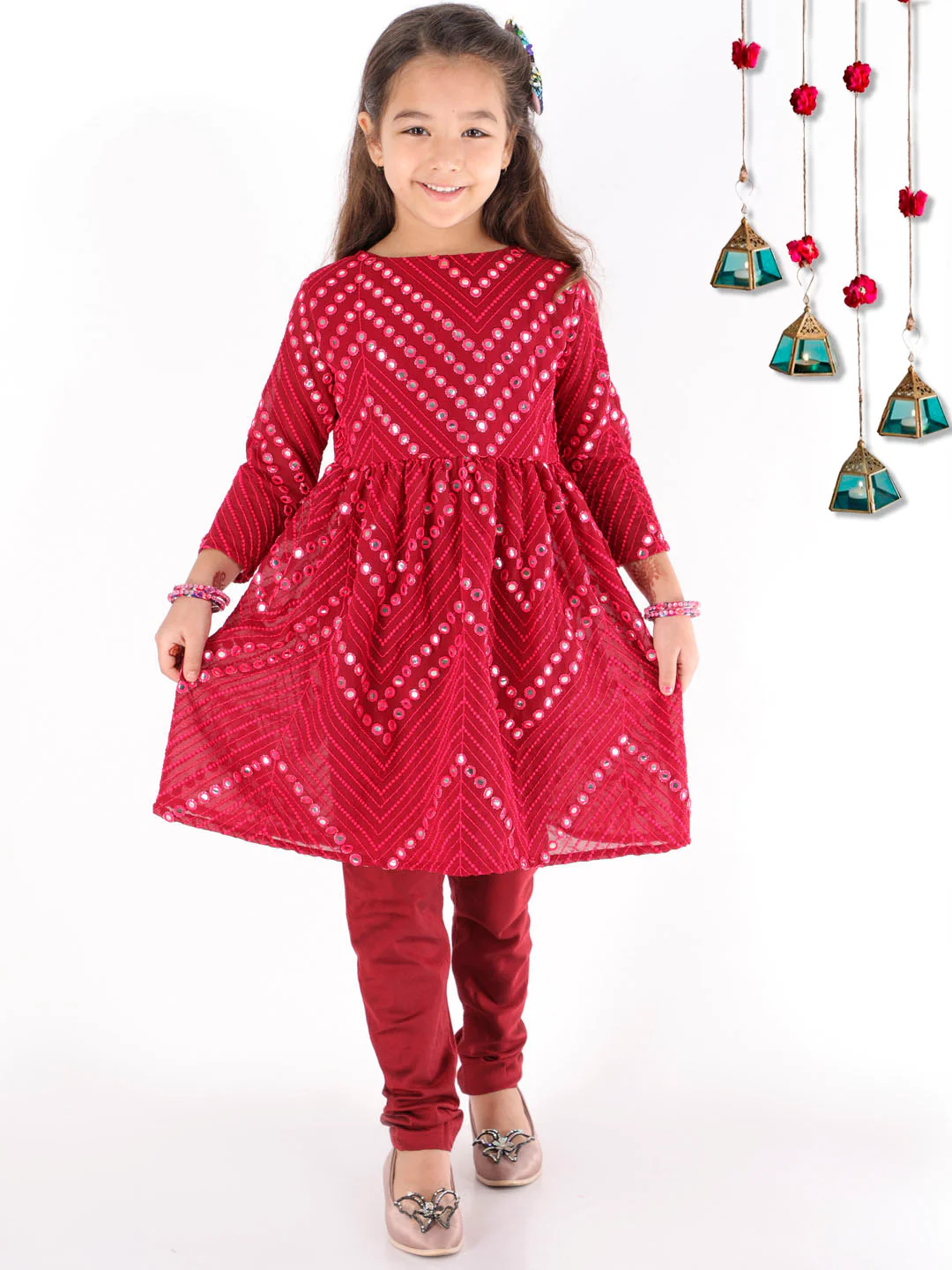 Girl - Maroon Mirror Work Kurta & Pyjama Set