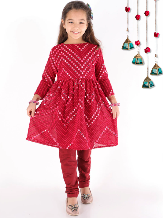 Girl - Maroon Mirror Work Kurta & Pyjama Set