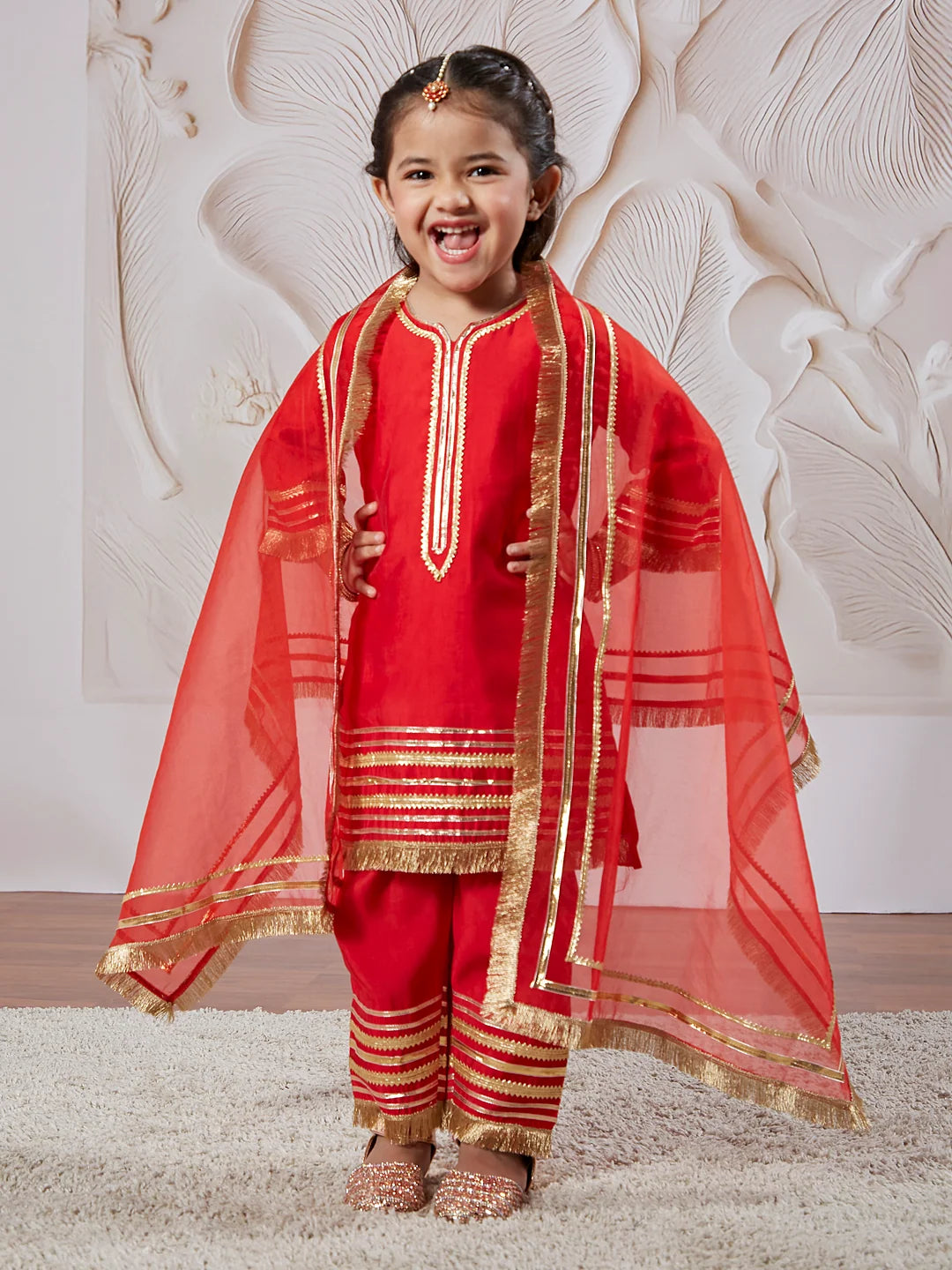 Girl - Red Kurta Pant Set with Dupatta