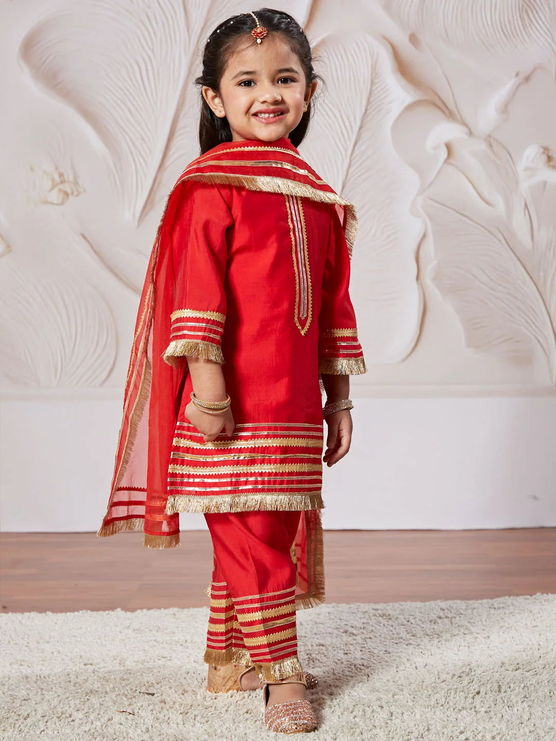 Girl - Red Kurta Pant Set with Dupatta