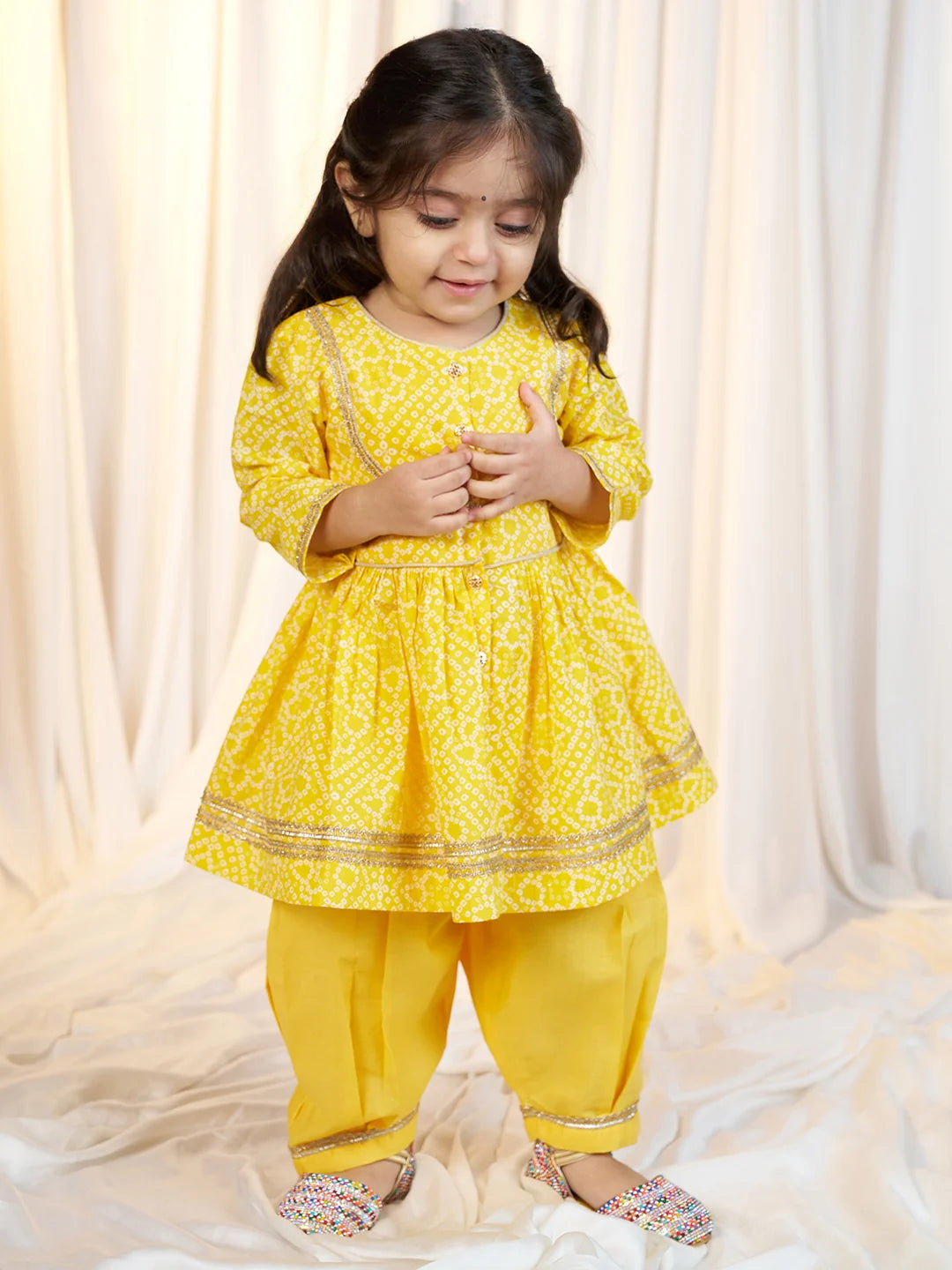 Girl - Yellow Cotton Bandhani Kurta Patiala Set