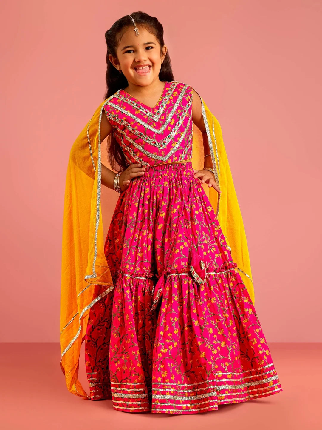 Girls - Pink Floral Cotton Lehenga Choli with Dupatta