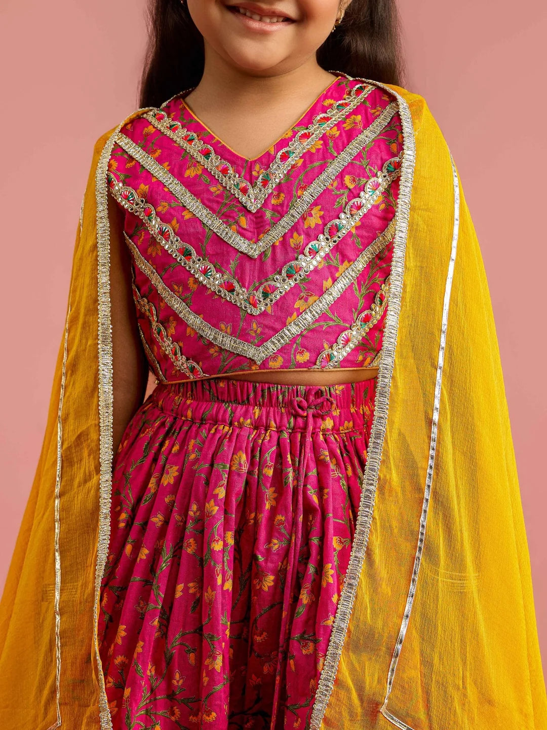 Girls - Pink Floral Cotton Lehenga Choli with Dupatta