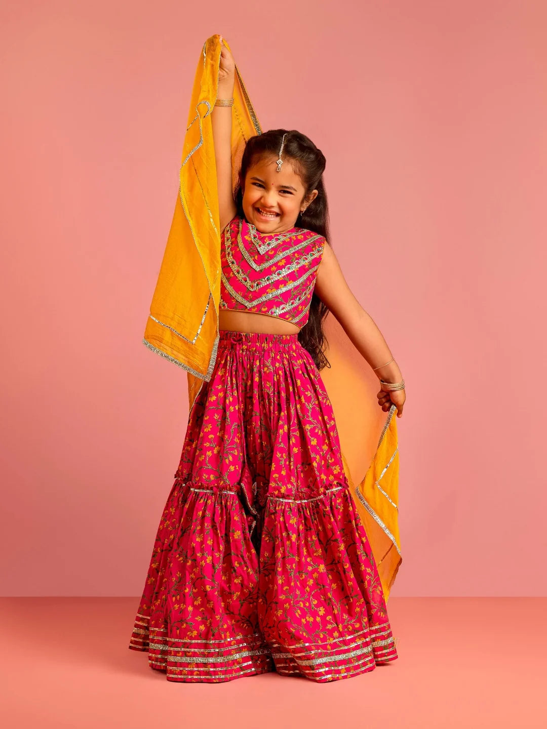 Girls - Pink Floral Cotton Lehenga Choli with Dupatta
