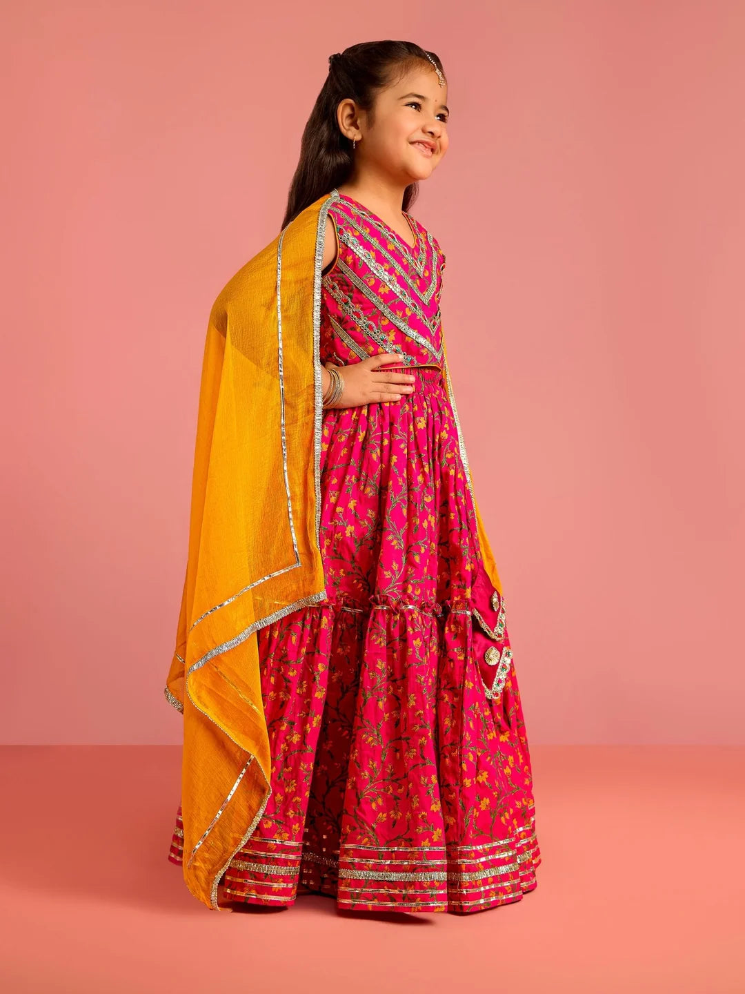 Girls - Pink Floral Cotton Lehenga Choli with Dupatta