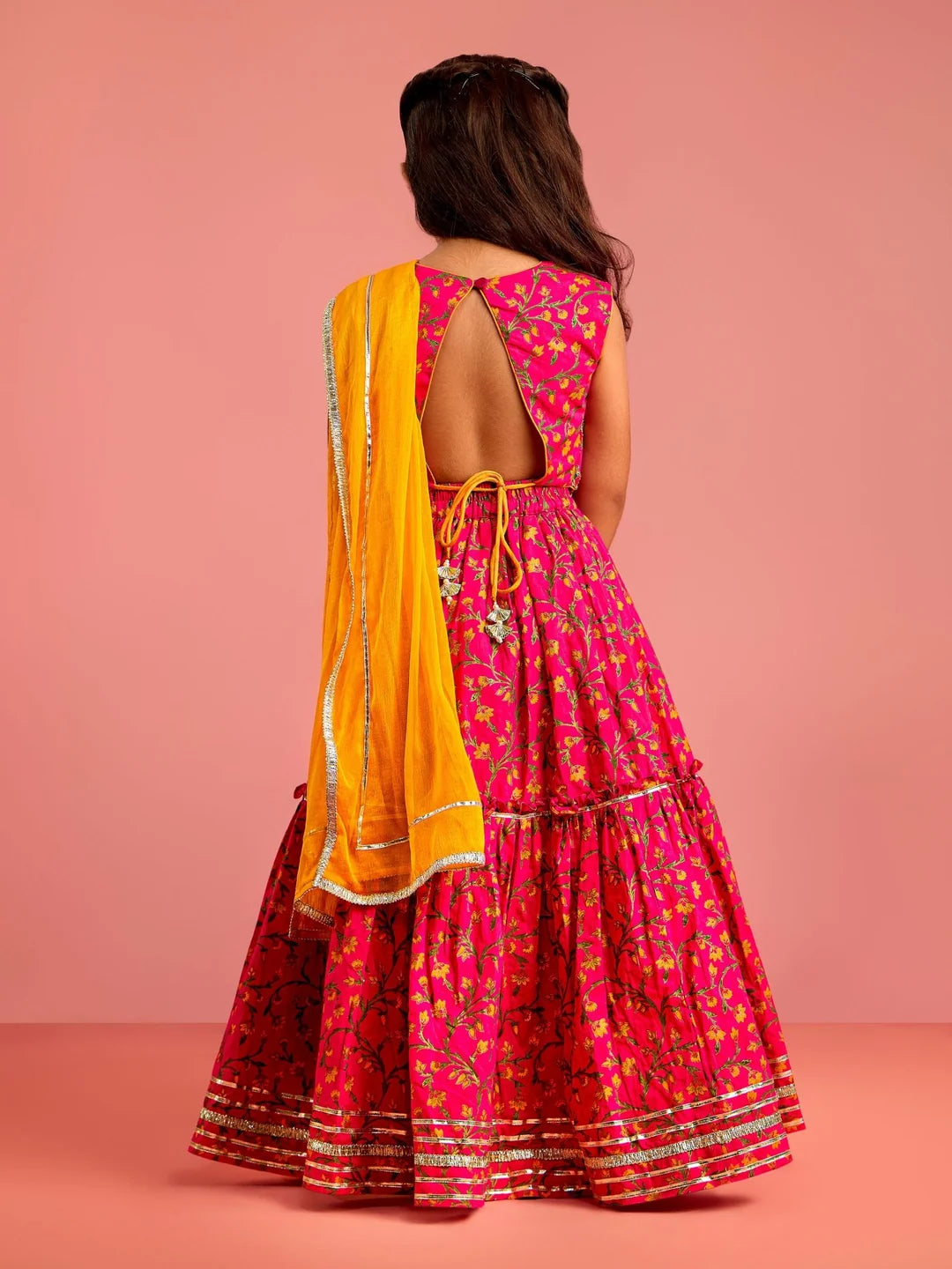 Girls - Pink Floral Cotton Lehenga Choli with Dupatta