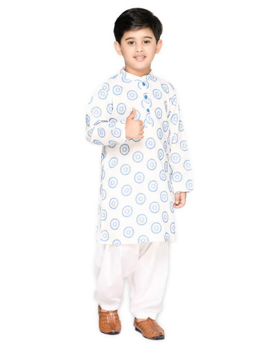 Boy - White & Blue Embroidery Cotton Kurta Set