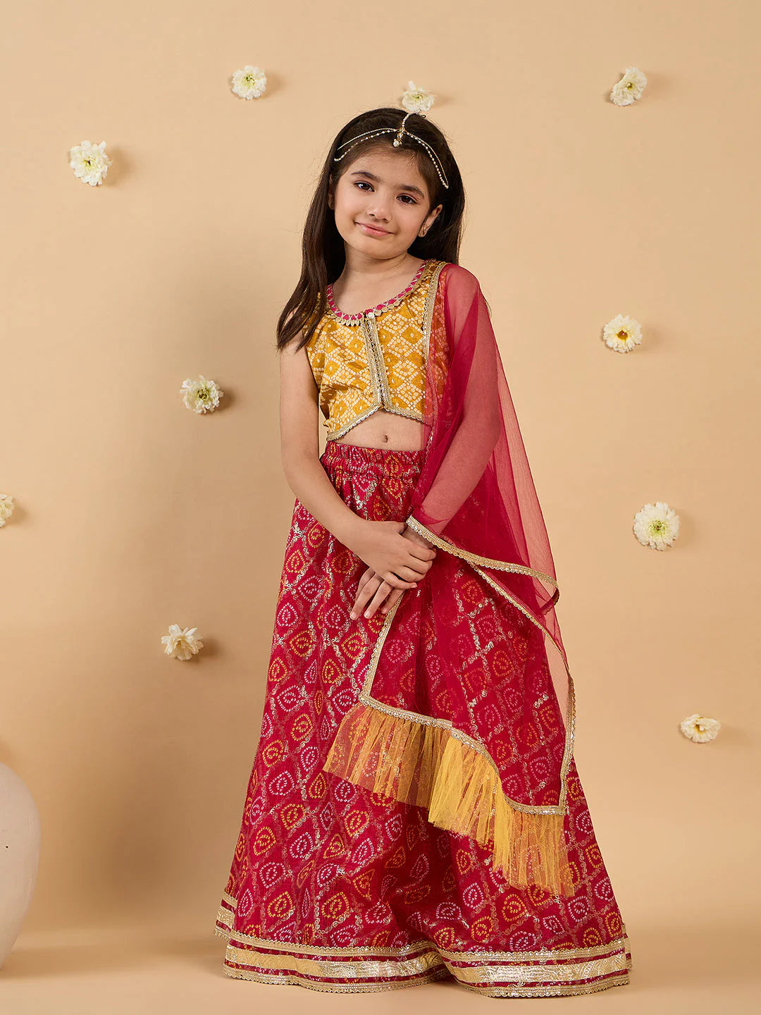 Girl - Yellow & Magenta Embroidery Lehenga, Choli And Dupatta