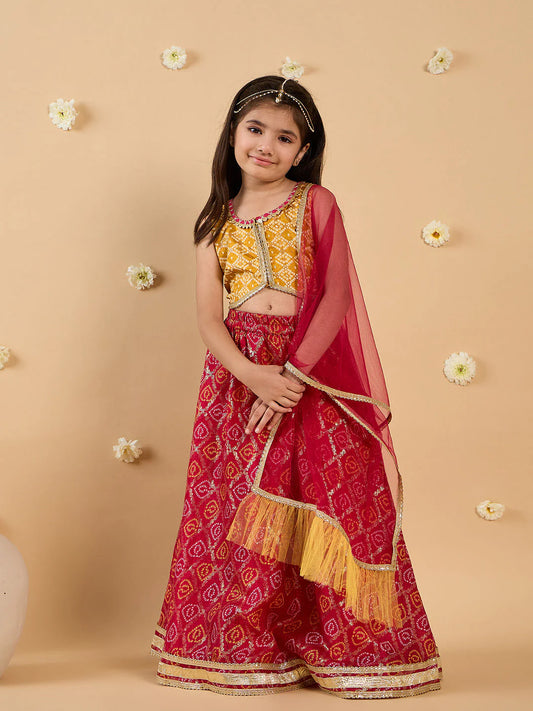 Girl - Yellow & Magenta Embroidery Lehenga, Choli And Dupatta