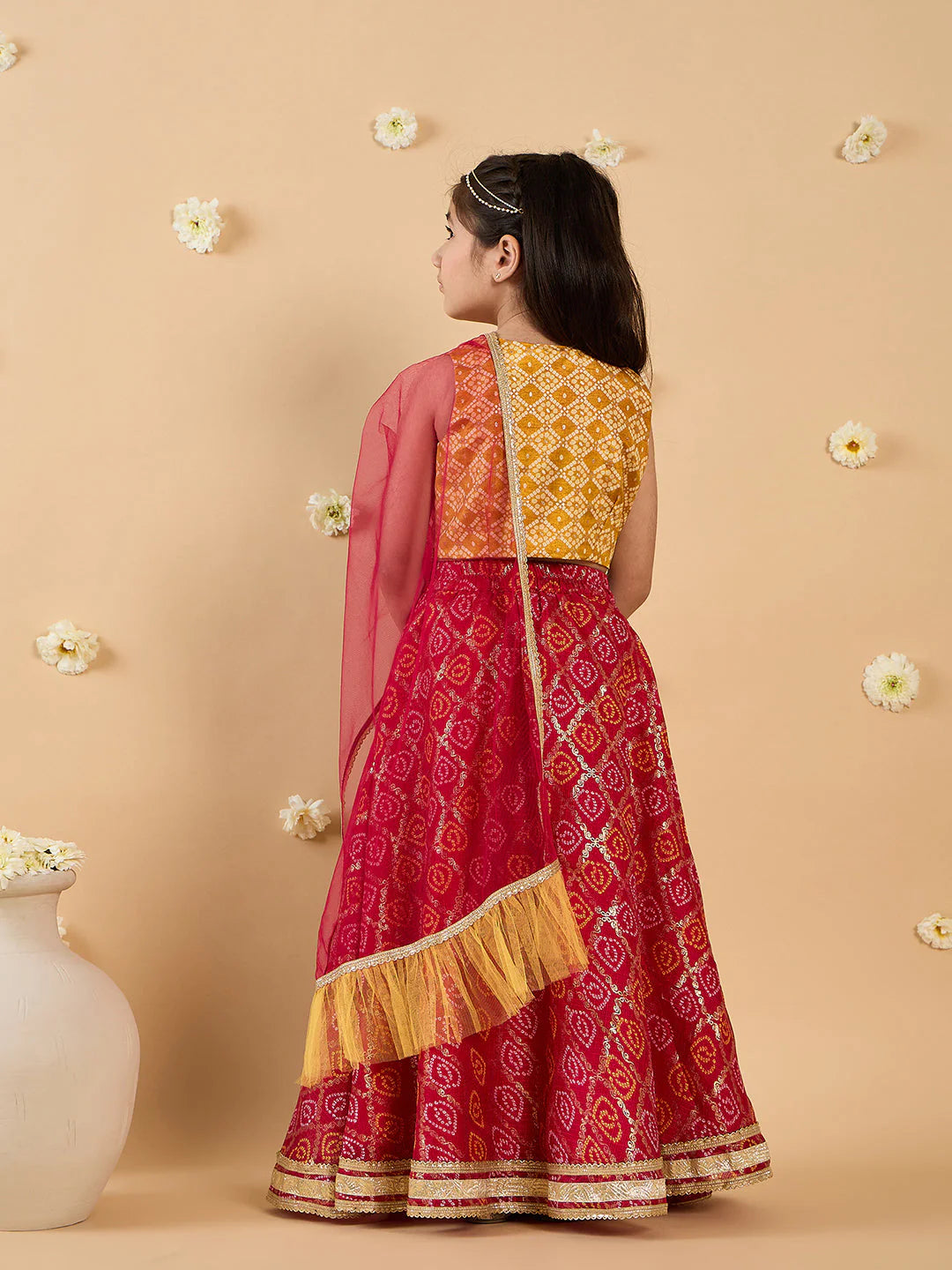 Girl - Yellow & Magenta Embroidery Lehenga, Choli And Dupatta