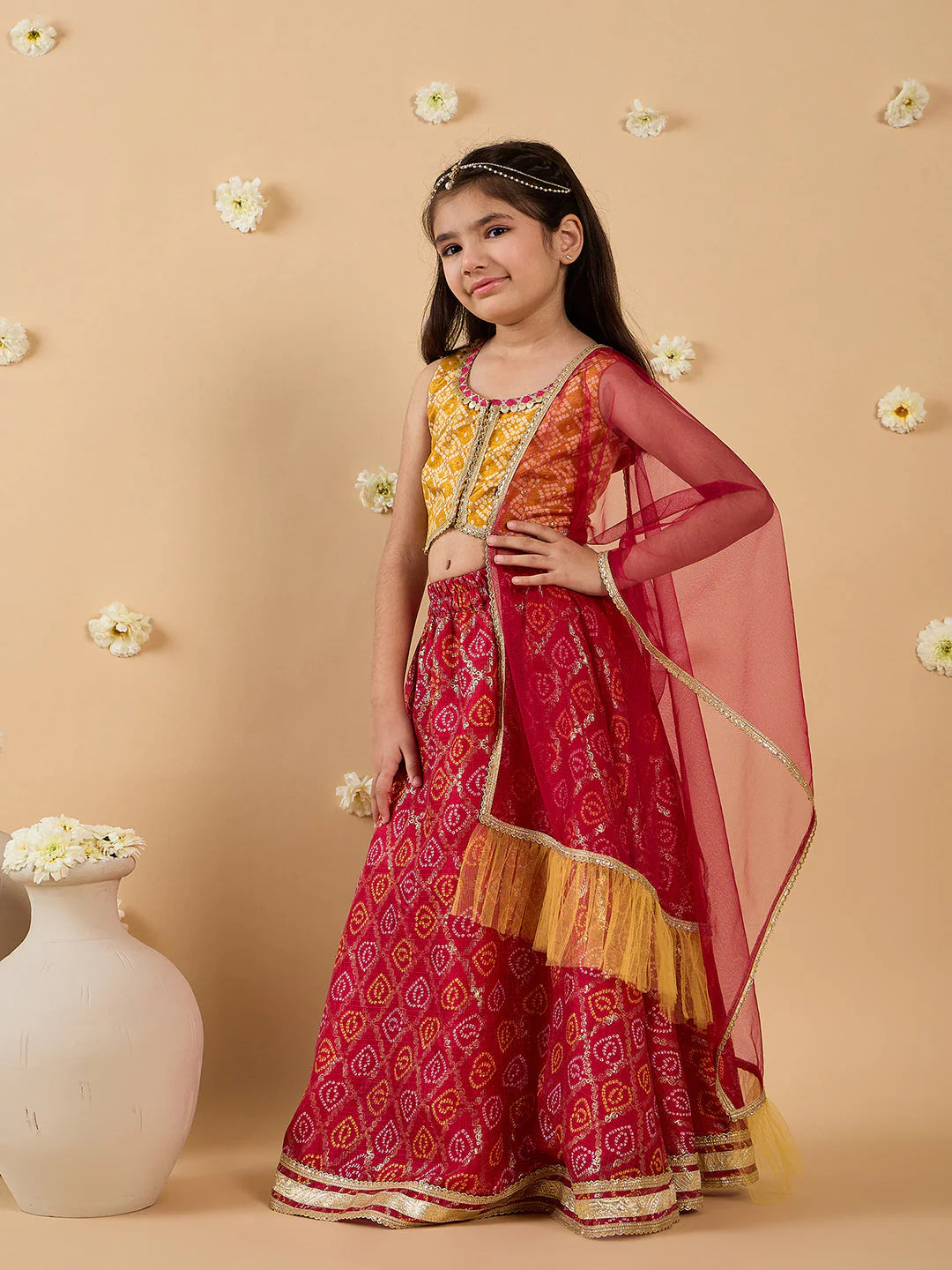 Girl - Yellow & Magenta Embroidery Lehenga, Choli And Dupatta