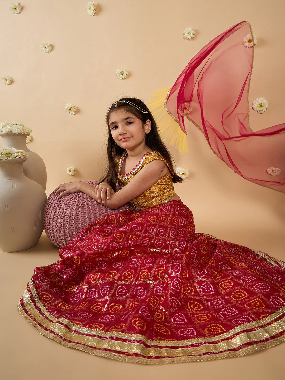 Girl - Yellow & Magenta Embroidery Lehenga, Choli And Dupatta